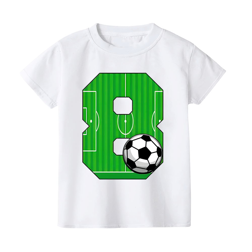 Kids Soccer Print Tee with Round Neck - Sporty White Shirt Featuring Football Field and Bold Number Design for Summer Fun