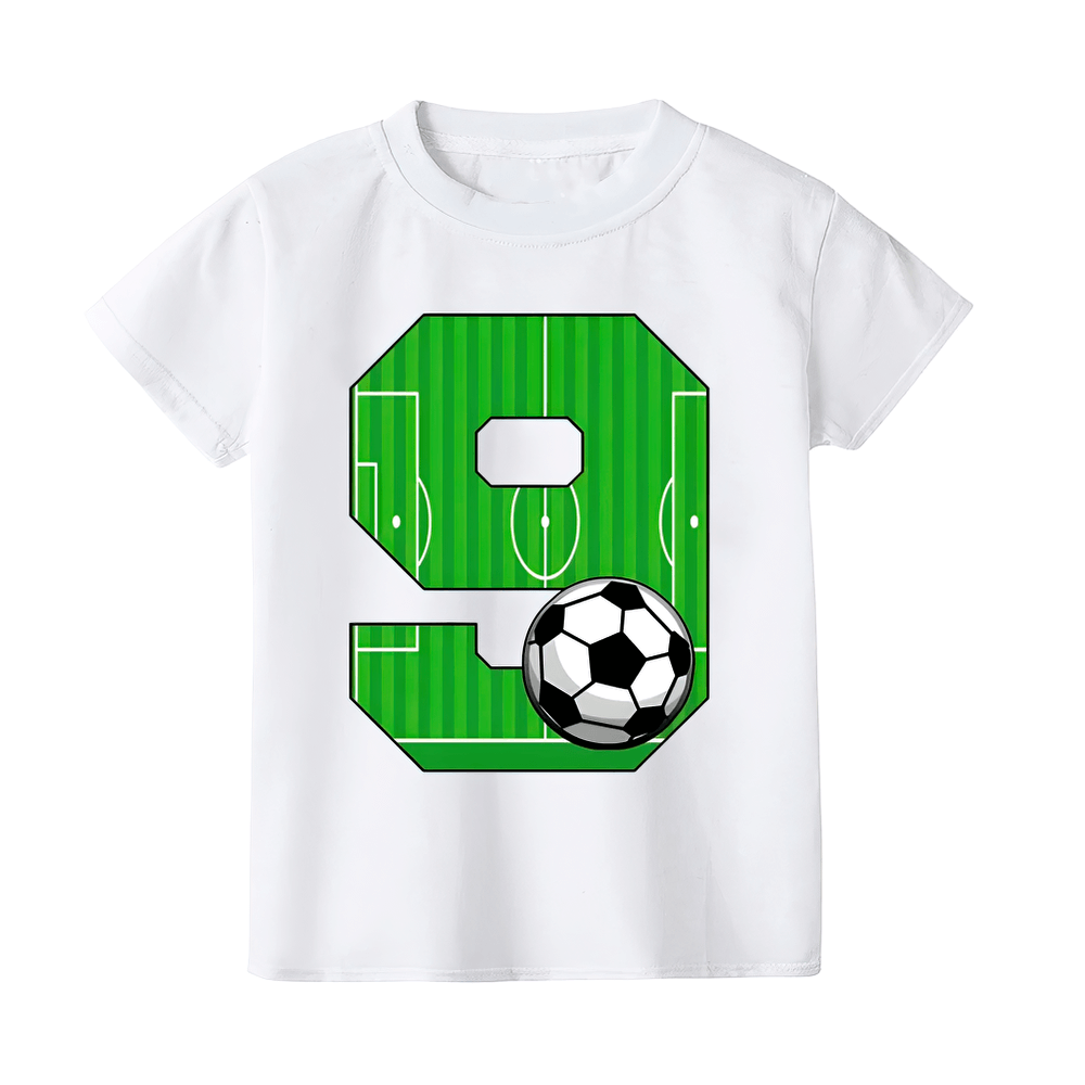Kids Soccer Print White T-Shirt with Bold Number 9 and Football Field Design, Round Neck Short-Sleeve Tee for Summer Sports Fun