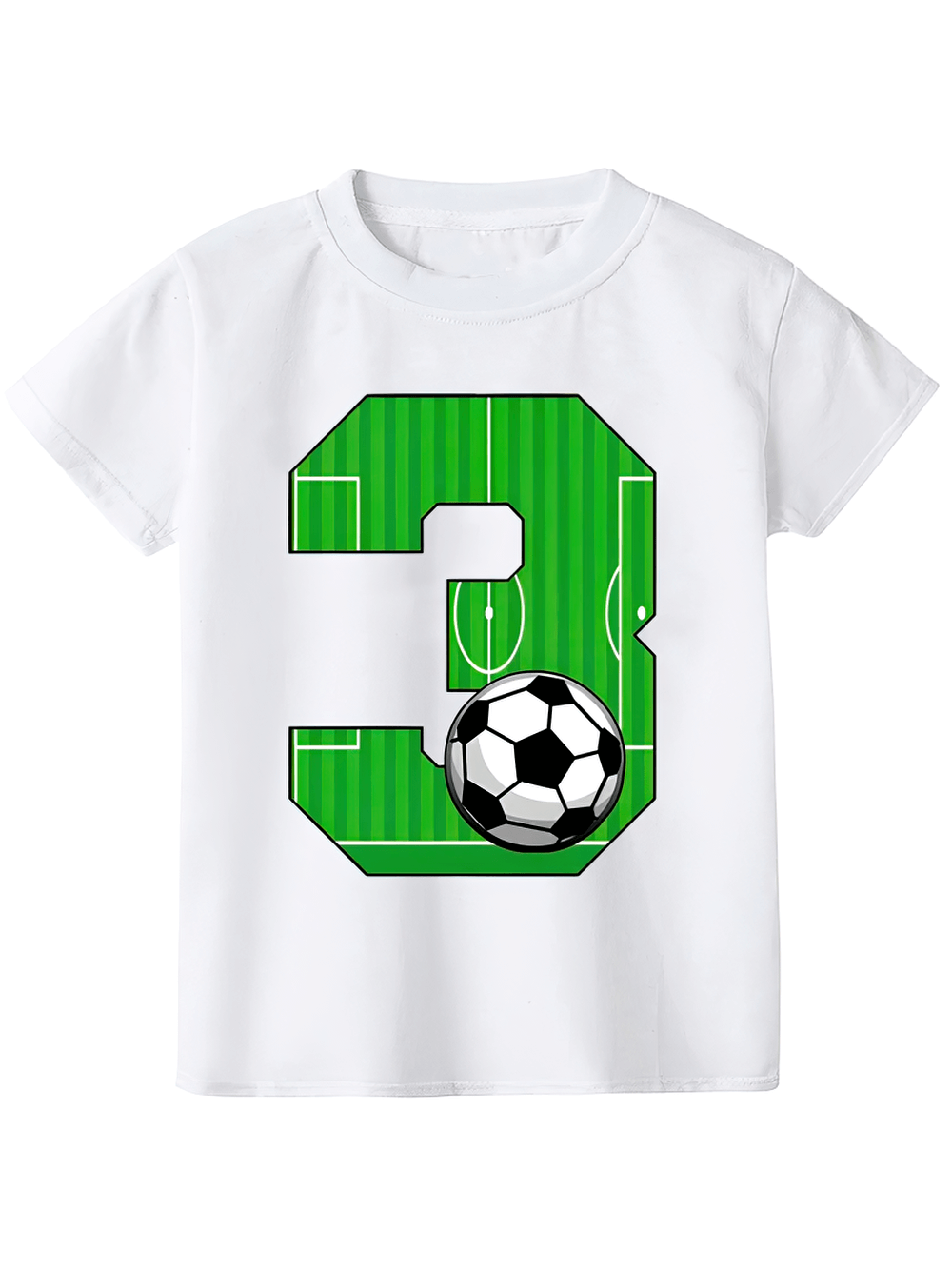 Kids soccer print tee with football field and number design, white short-sleeve shirt for summer sports.