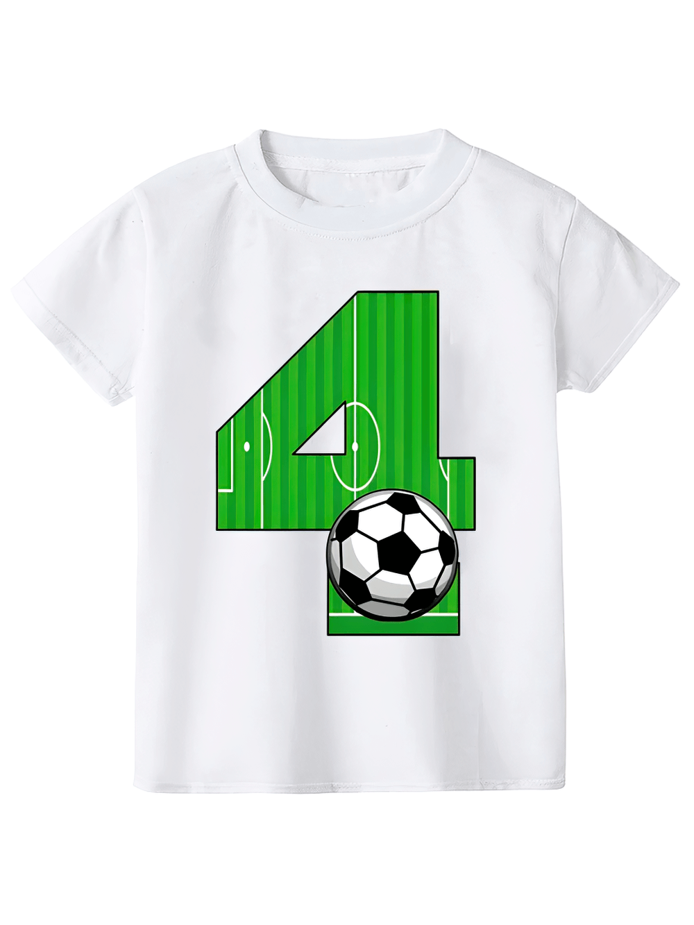 Kids white soccer print tee with number 4 and football design, short-sleeved round neck, perfect for young sports fans.