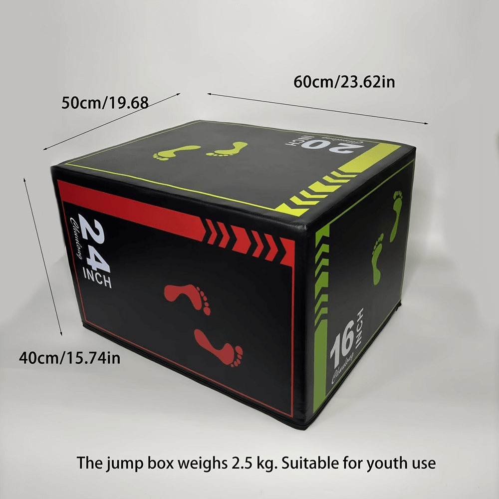 Soft foam plyo box with dimensions 24x20x16 inches, featuring durable PVC cover for jump and strength workouts, weighs 2.5 kg.