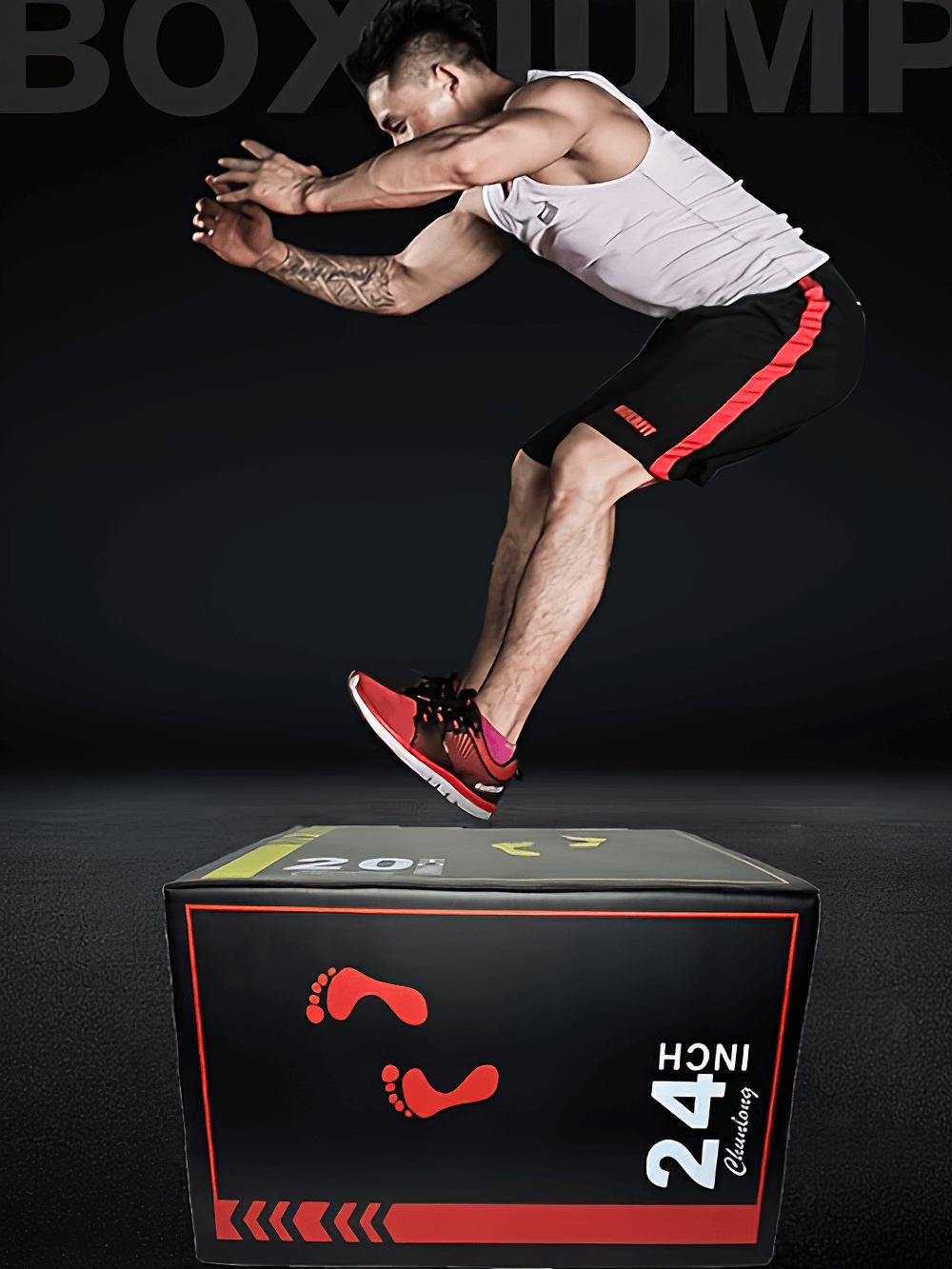 Athlete performing a box jump on a soft foam plyo box for jump and strength workouts. Features a durable design with adjustable heights.