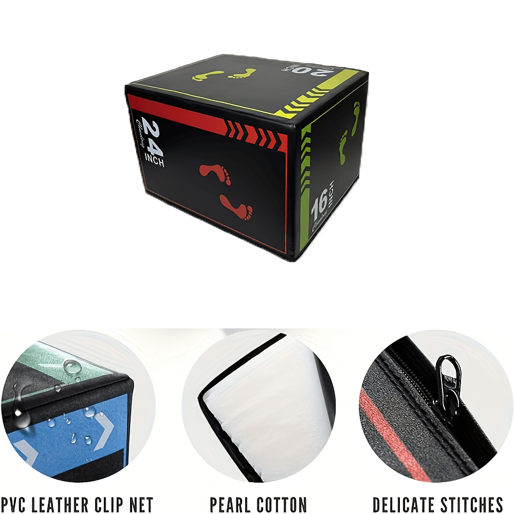 Soft foam plyo box with durable PVC leather, impact-absorbing pearl cotton, and delicate stitches for adjustable height workout.