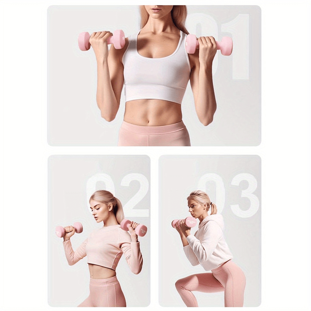 Woman exercising with pink soft grip dumbbells, demonstrating various upper body workouts.