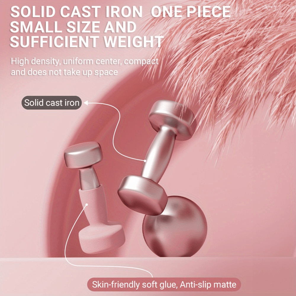 Pink cast iron dumbbells in soft, anti-slip matte finish for secure grip and strength training, promoting compact size and solid design.