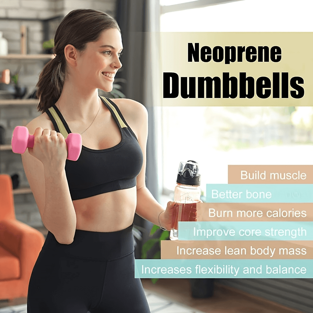 Woman exercising with pink neoprene dumbbells in living room, highlighting fitness benefits like muscle building and flexibility.