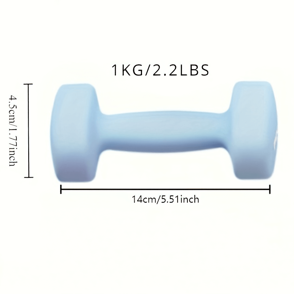 Light blue 1kg soft grip dumbbell with dimensions labeled, ideal for home strength training. Shock-proof coating for secure exercise.