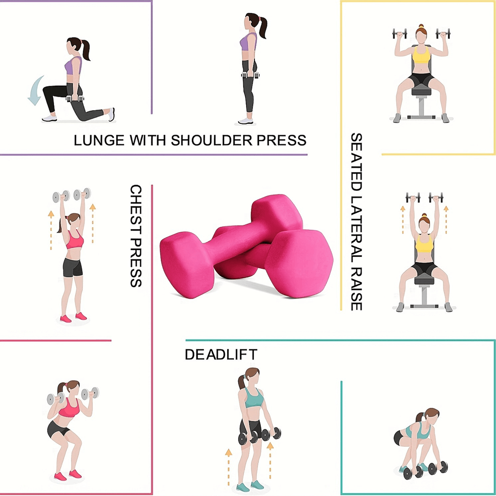 Illustration of pink soft grip dumbbells with exercises like lunge, shoulder press, and deadlift for versatile workout routines.