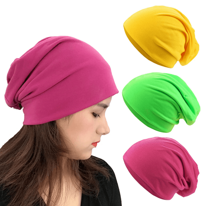 Unisex soft lightweight running beanie in vibrant colors: pink, yellow, green. Comfy cotton for casual, stylish daily wear.