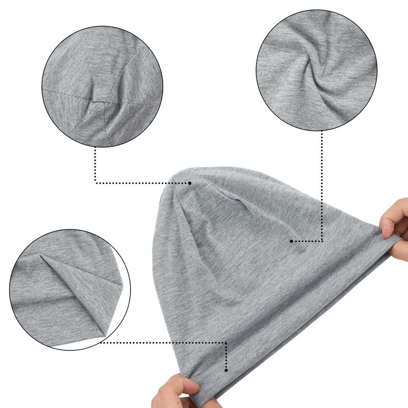 Gray soft lightweight unisex running beanie, detailed view showing seams and fabric stretch, ideal for casual or exercise wear.