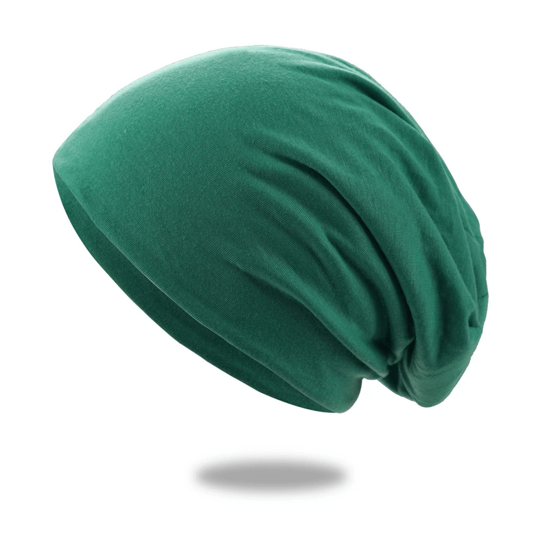 Green soft lightweight cotton running beanie for men and women, ideal for casual wear. Unisex style, breathable comfort, solid pattern.