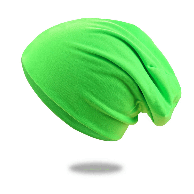 Soft lightweight green running beanie for women and men, perfect for casual wear. Unisex cotton hat, solid color, versatile style.
