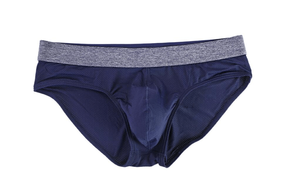 Soft nylon men's underwear in blue with a grey elastic waistband, showcasing breathable design and solid pattern for active lifestyle comfort.