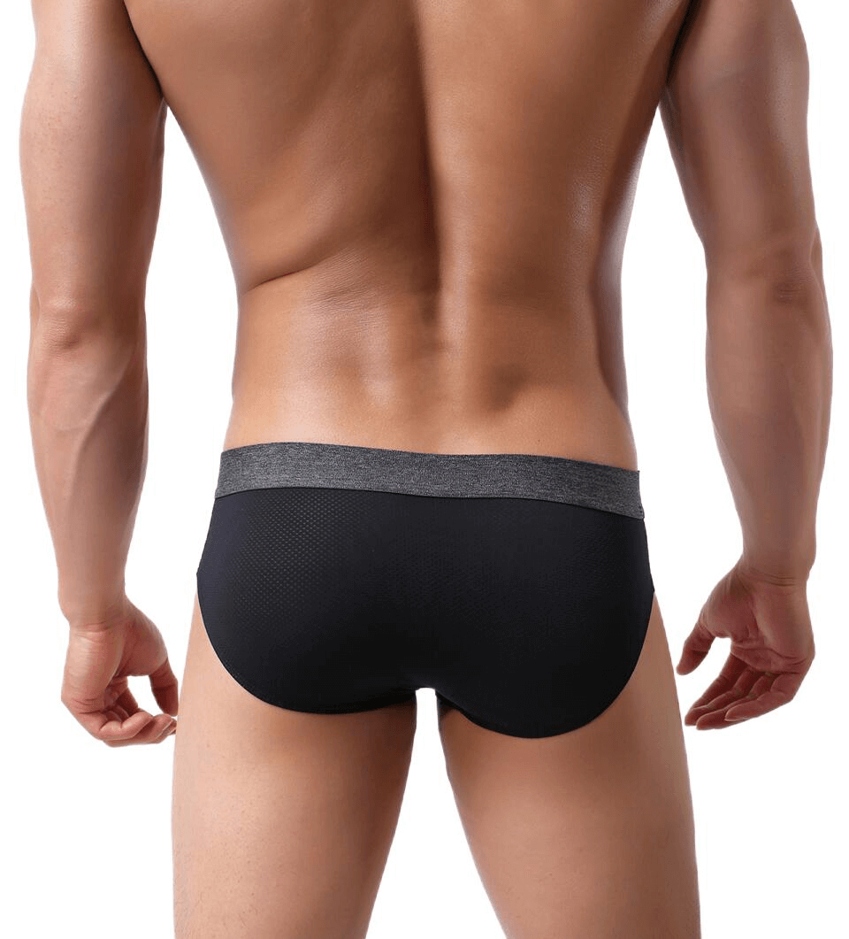 Back view of Soft Nylon Men's Underwear, solid black pattern, showcasing breathable, elastic material and sleek design for active lifestyle.