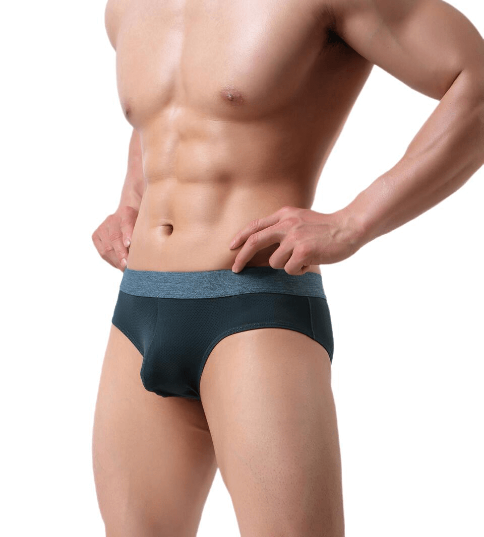 Soft nylon men's sexy breathable elastic briefs SF1409, solid black low-rise for an active lifestyle. Comfortable and supportive fit.