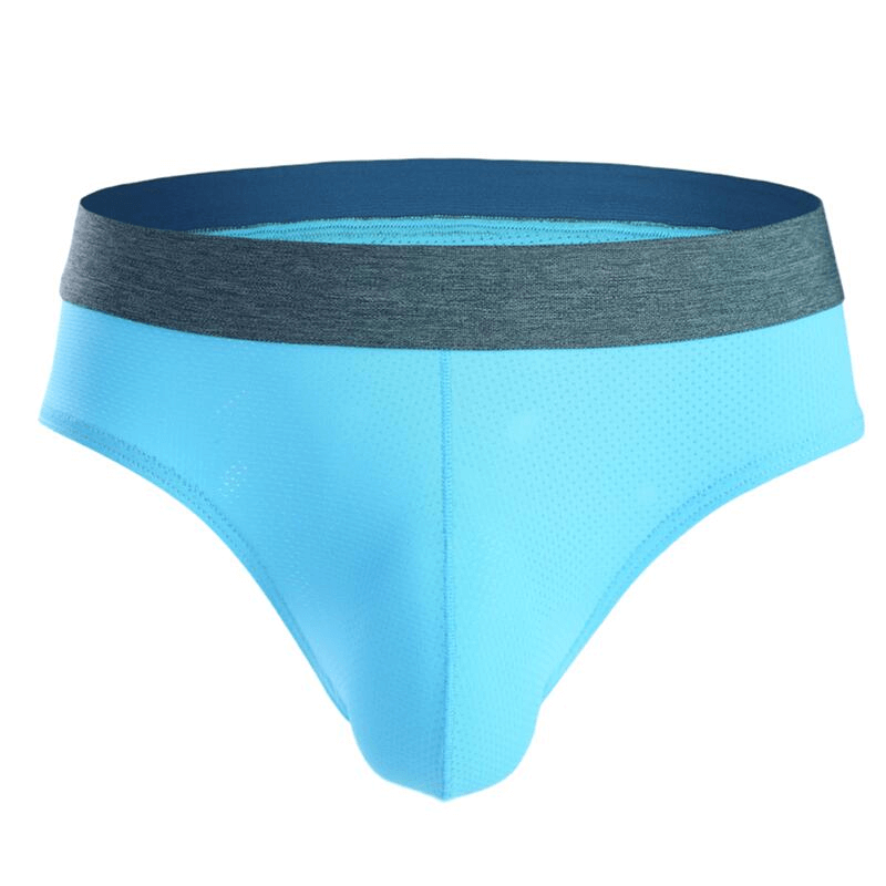 Soft nylon men's underwear in blue with a solid pattern and elastic waistband, offering a breathable, comfortable fit for an active lifestyle.