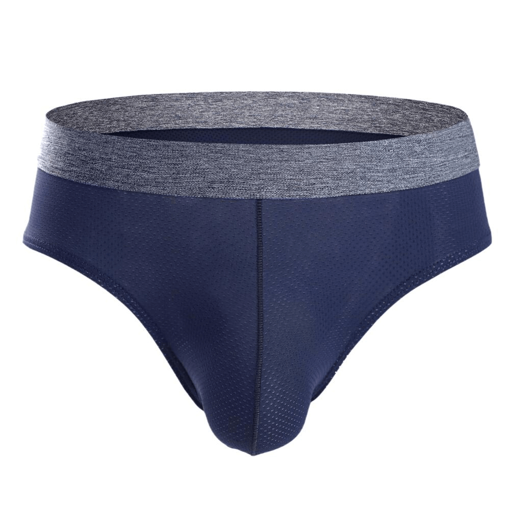 Soft nylon men's underwear, navy blue sexy breathable briefs, elastic low-rise fit for comfort and support, perfect for active lifestyle.