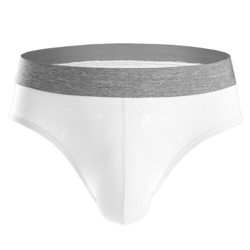 White soft nylon men's elastic briefs with gray waistband, offering breathable comfort and low-rise fit for active lifestyle.