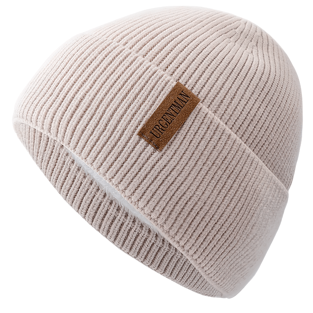 Soft ribbed knit beanie with fleece lining, modern beige design for warmth and comfort, perfect for outdoor activities and casual wear.