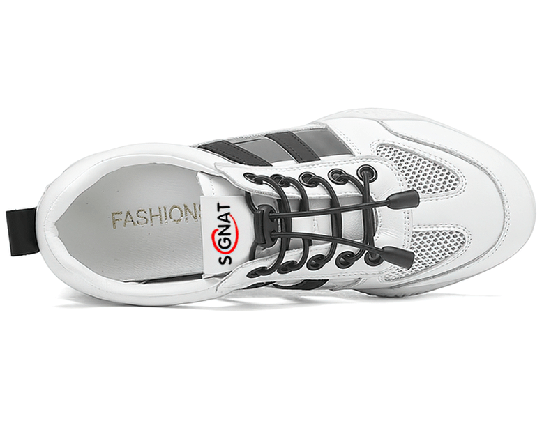Top view of white soft-soled breathable casual flats running shoes with lace-up and mesh detailing.