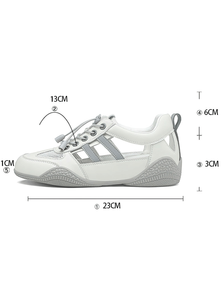 Diagram of soft-soled breathable casual flats running shoe showing measurements and features, including lace-up design and PU leather insole.