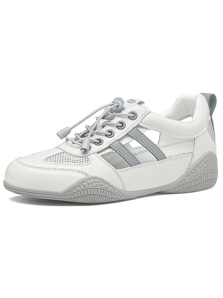White soft-soled breathable casual flats with split leather upper, lace-up closure, ideal for running and everyday comfort.