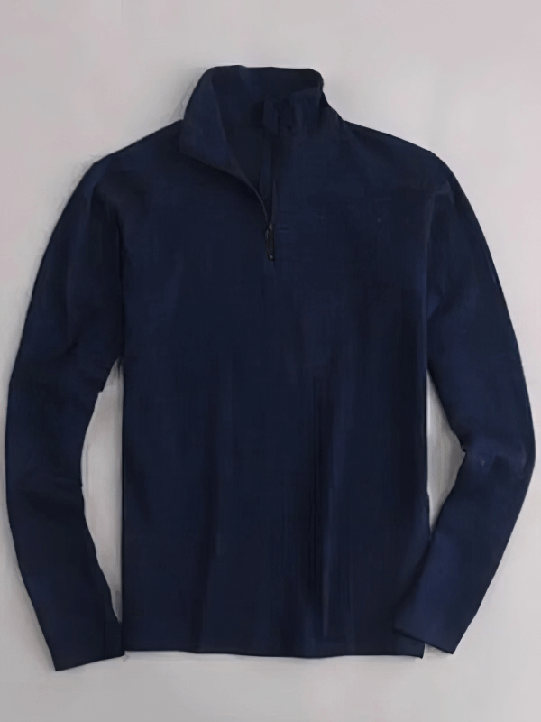 Soft wool men's long sleeve zip up thermal underwear, SF1705, in navy blue with ergonomic fit and turtleneck collar.