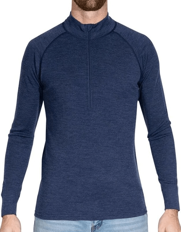 Soft Wool Men's Long Sleeve Zip Up Thermal Underwear in navy, shown from the front. Perfect for cold weather and sports.