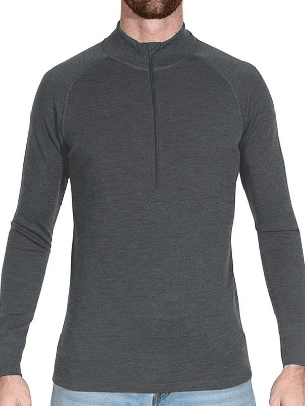 Soft Wool Men's Long Sleeve Thermal Underwear with Zip, Dark Gray, Ergonomic Fit for Warmth, Ideal for Sports and Casual Wear