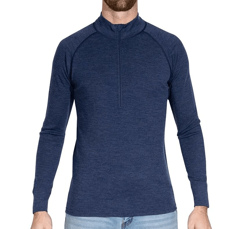 Men's soft wool long sleeve zip-up thermal underwear in navy, ergonomic fit, ideal for cold weather sports and casual wear.