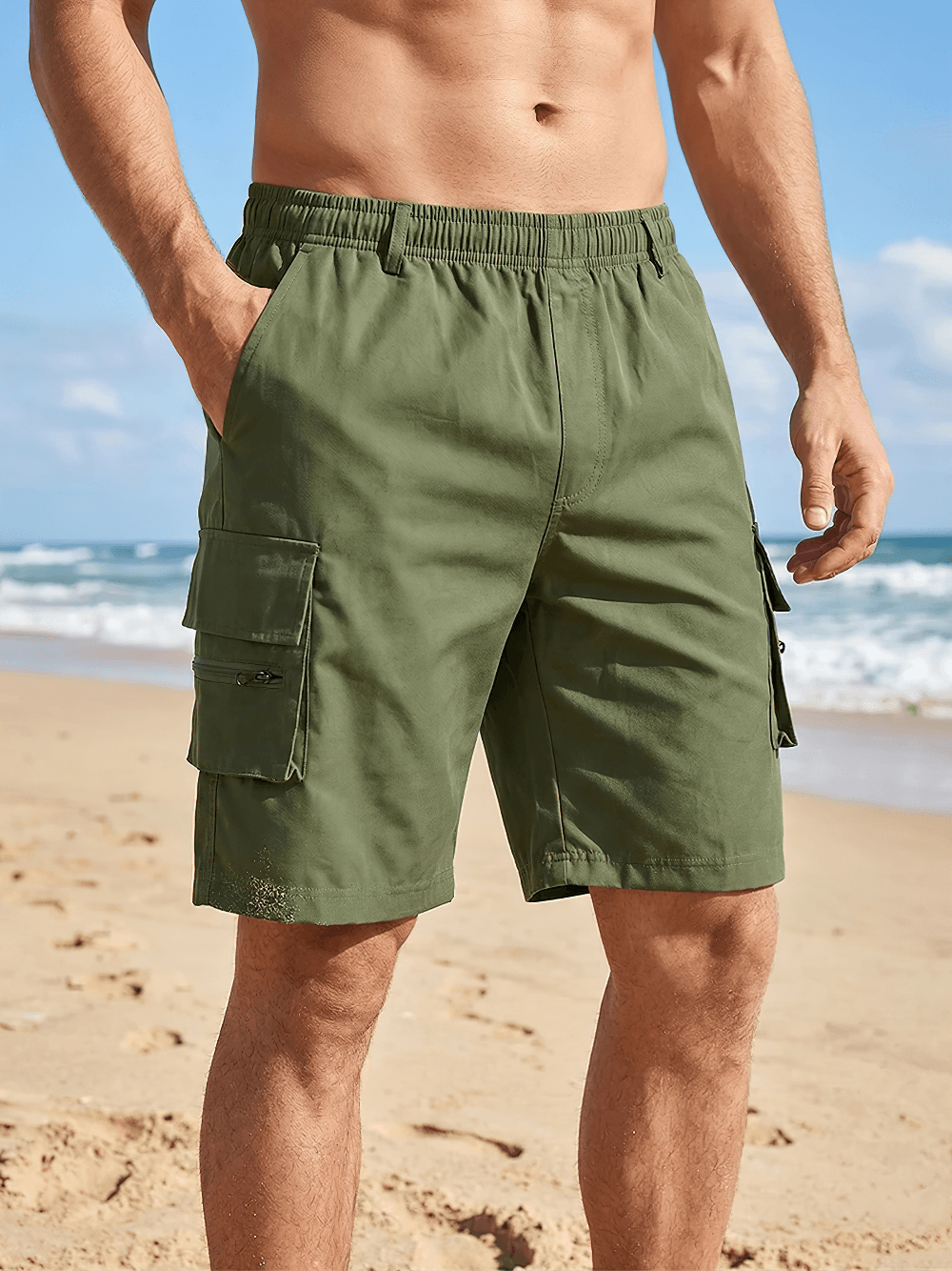 Solid Color Beach Shorts with Multi Pockets - SF4547 men's cargo shorts on the beach in army green.