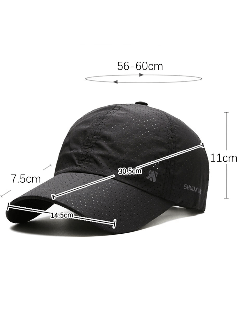 Solid color breathable mesh baseball cap with measurements, featuring adjustable strap and sun visor, perfect for outdoor sports.