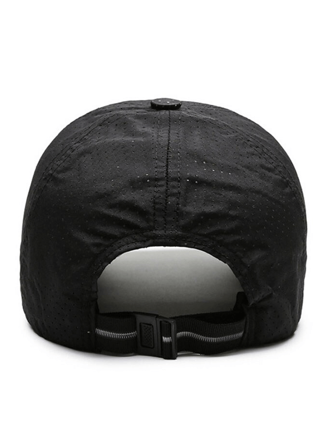 Back view of black breathable mesh baseball cap with adjustable strap and sun visor, perfect for outdoor sports and activities.