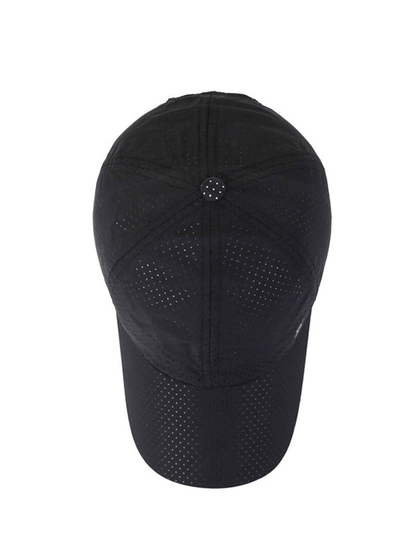 Top view of a solid color breathable mesh baseball cap, perfect for outdoor sports. Unisex design with adjustable strap for sun protection.