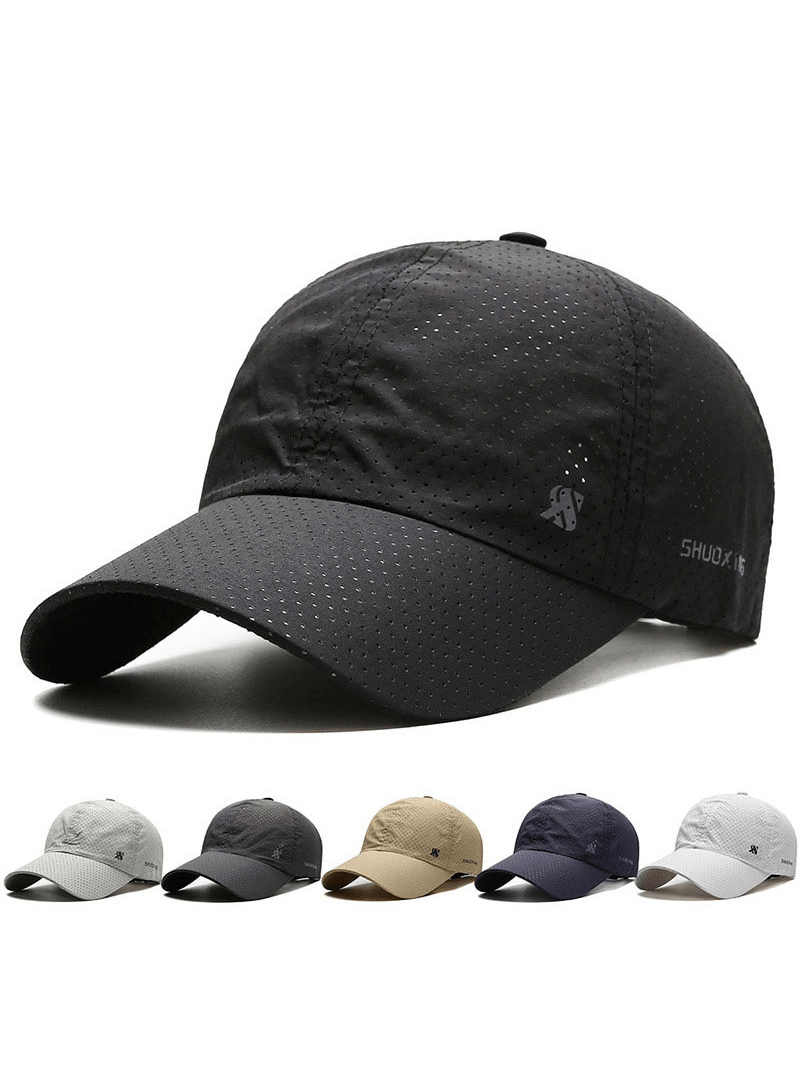 Solid color breathable mesh baseball cap with adjustable strap in various colors for outdoor sports activities.