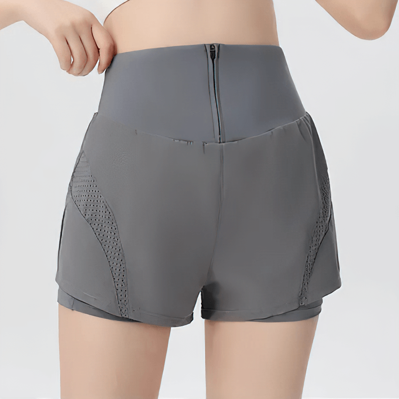 Solid color breathable mesh panel gym shorts SF2230 with side pocket for women, perfect for workouts and casual wear.
