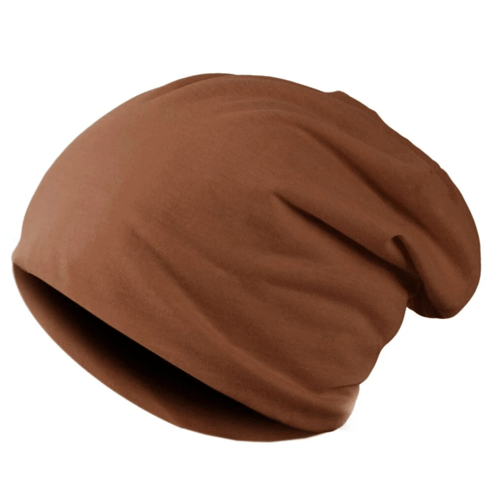Solid color casual sports men's beanie in brown, made from polyester for warmth and comfort, perfect for everyday wear.