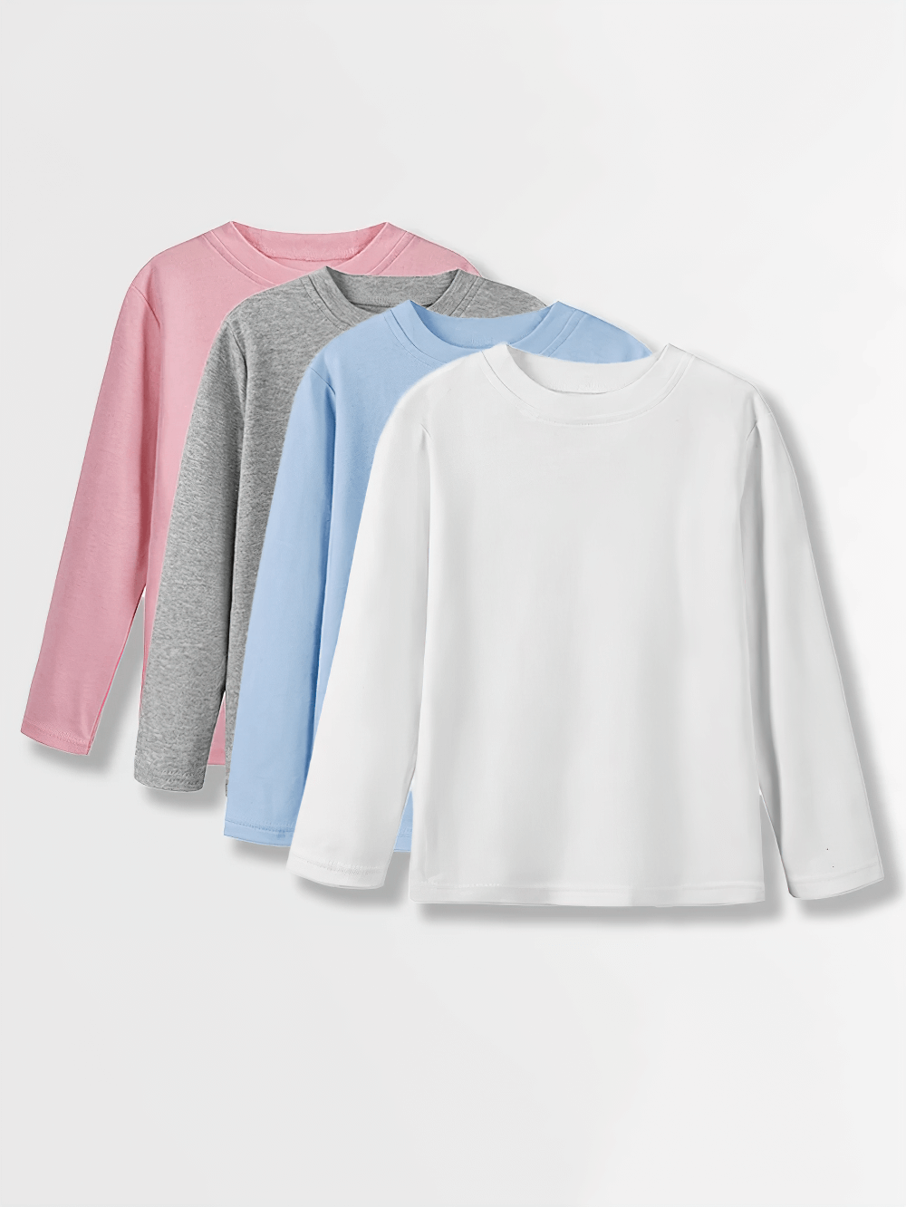 Solid Color Long-Sleeved Cotton Basic Top SF3096 in pink, gray, blue, and white - versatile, breathable, classic fit.