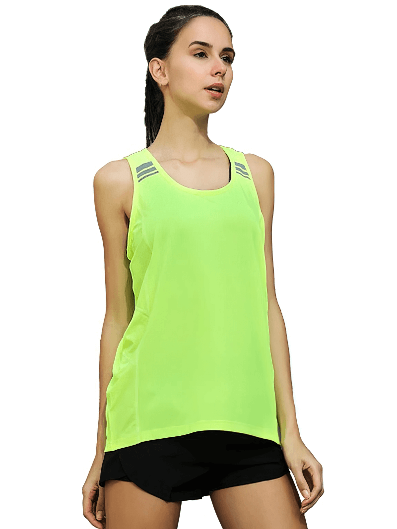 Bright green solid color loose tank top for women, perfect for running and fitness. Breathable, quick-drying fabric with sleeveless design.