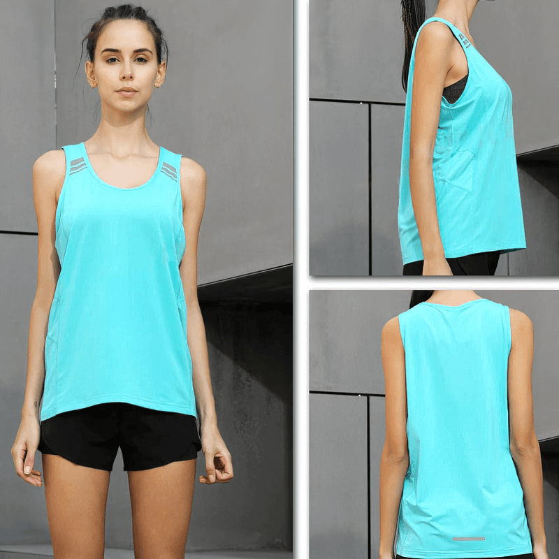 Woman modeling turquoise loose tank top for running, yoga, gym; breathable, quick-dry fabric ideal for sports; front, side, back view.