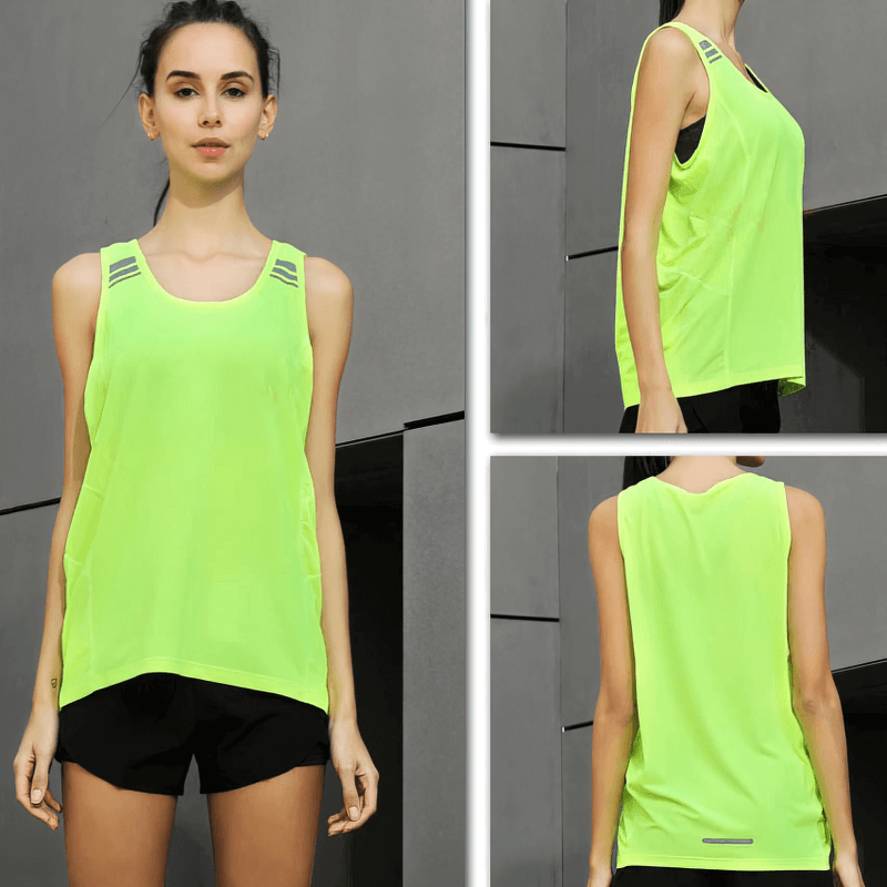 Woman wearing bright green loose tank top, ideal for running and fitness. Sleeveless sportswear with breathable, quick-dry fabric.