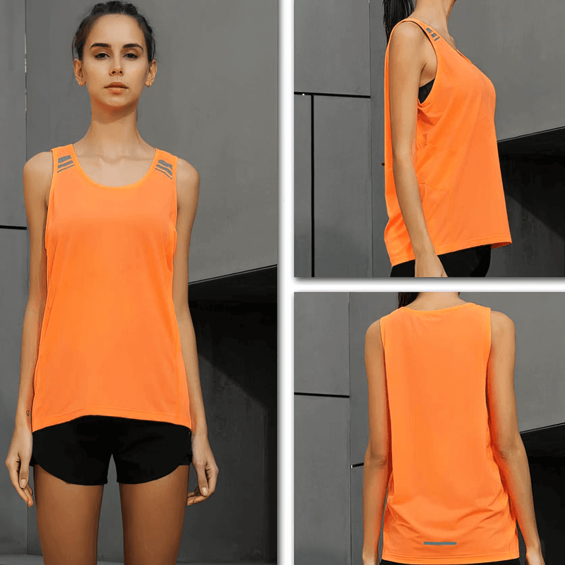 Women's orange loose tank top for running and sports activities, featuring breathable, quick-dry fabric ideal for active wear.