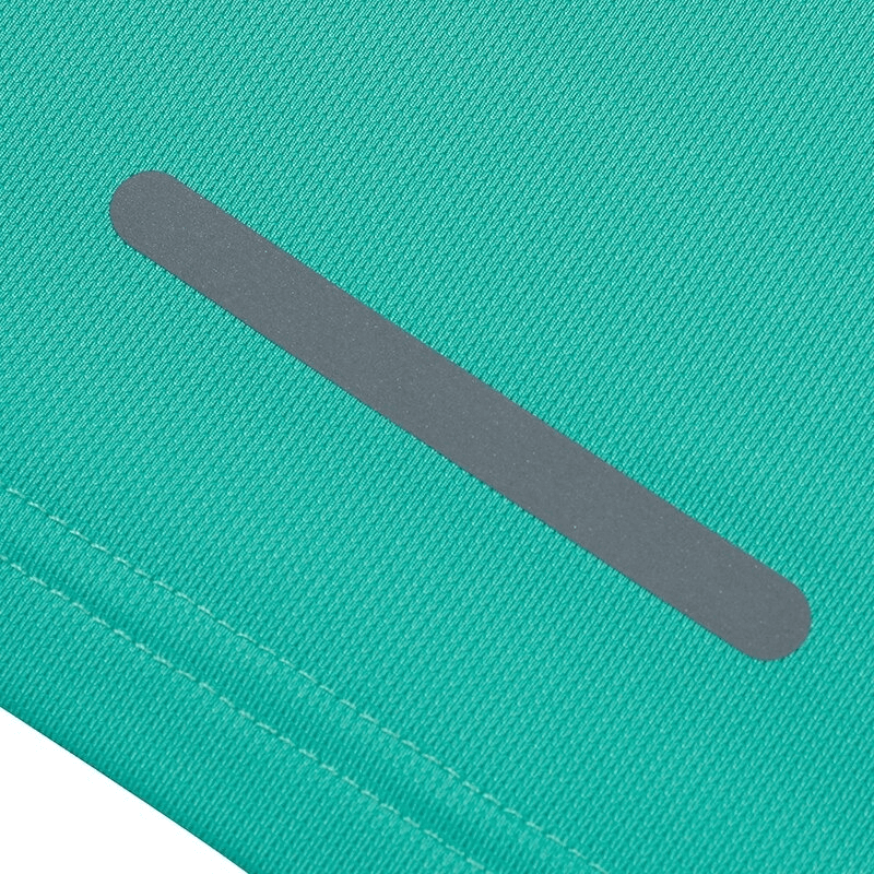 Close-up of teal solid color running tank top fabric detail with reflective strip, perfect for women's fitness and sports activities.