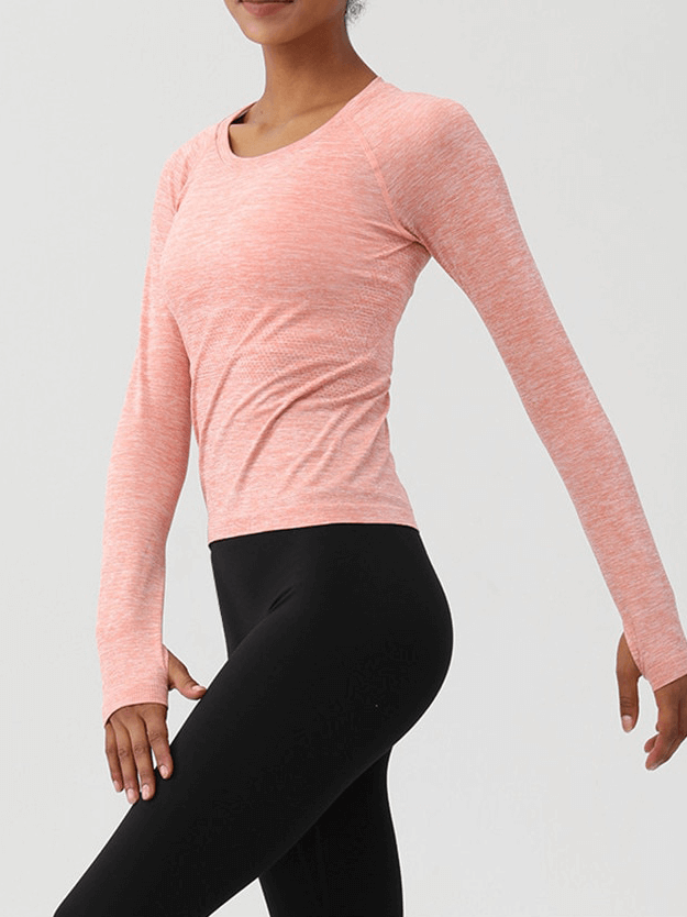 Einfarbiges, weiches Fitness-Yoga-Shirt mit Rundhalsausschnitt und Daumen – SF1510 