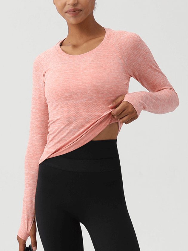 Solid Color Round Neck Soft Fitness Yoga Shirt with Thumbs - SF1510