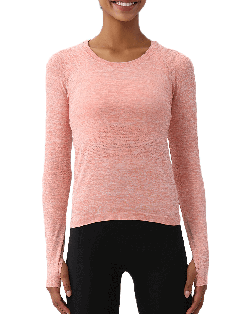 Woman wearing pink solid color round neck yoga shirt with full sleeves and thumb holes, perfect for fitness and activewear.