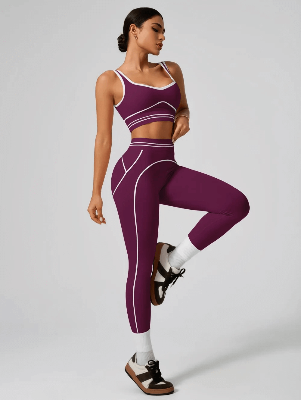 Solid Color Sports Bra and High Waist Leggings Set - SF4330