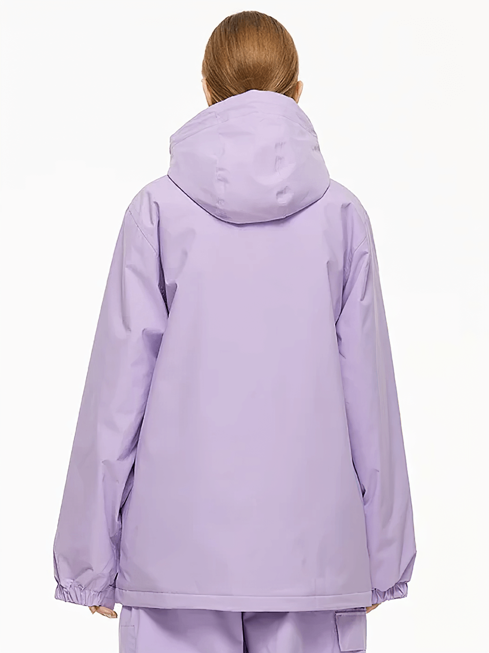 Alt Tag: Solid Color Waterproof Hooded Ski Sports Jacket - SF4298 back view, lilac waterproof insulated unisex snowboarding jacket with hood