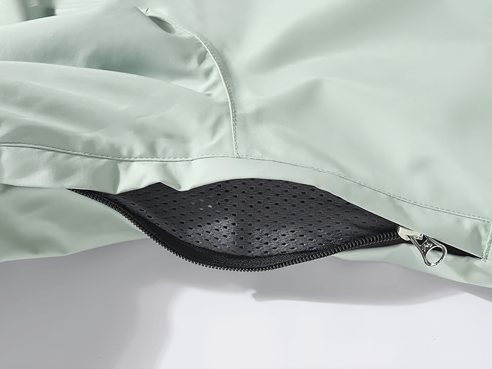 Alt Tag: Solid Color Waterproof Hooded Ski Sports Jacket - SF4298 close-up of zippered vent and breathable mesh lining