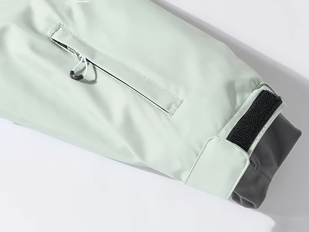 Alt Tag: Solid Color Waterproof Hooded Ski Sports Jacket - SF4298 sleeve close-up with zip pocket and adjustable Velcro cuff